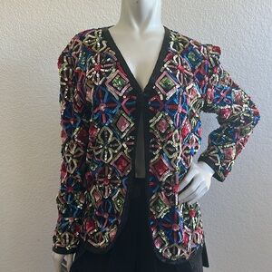 Sweelo Vintage 80s Silk Floral Sequin Beaded Jacket Multicolor